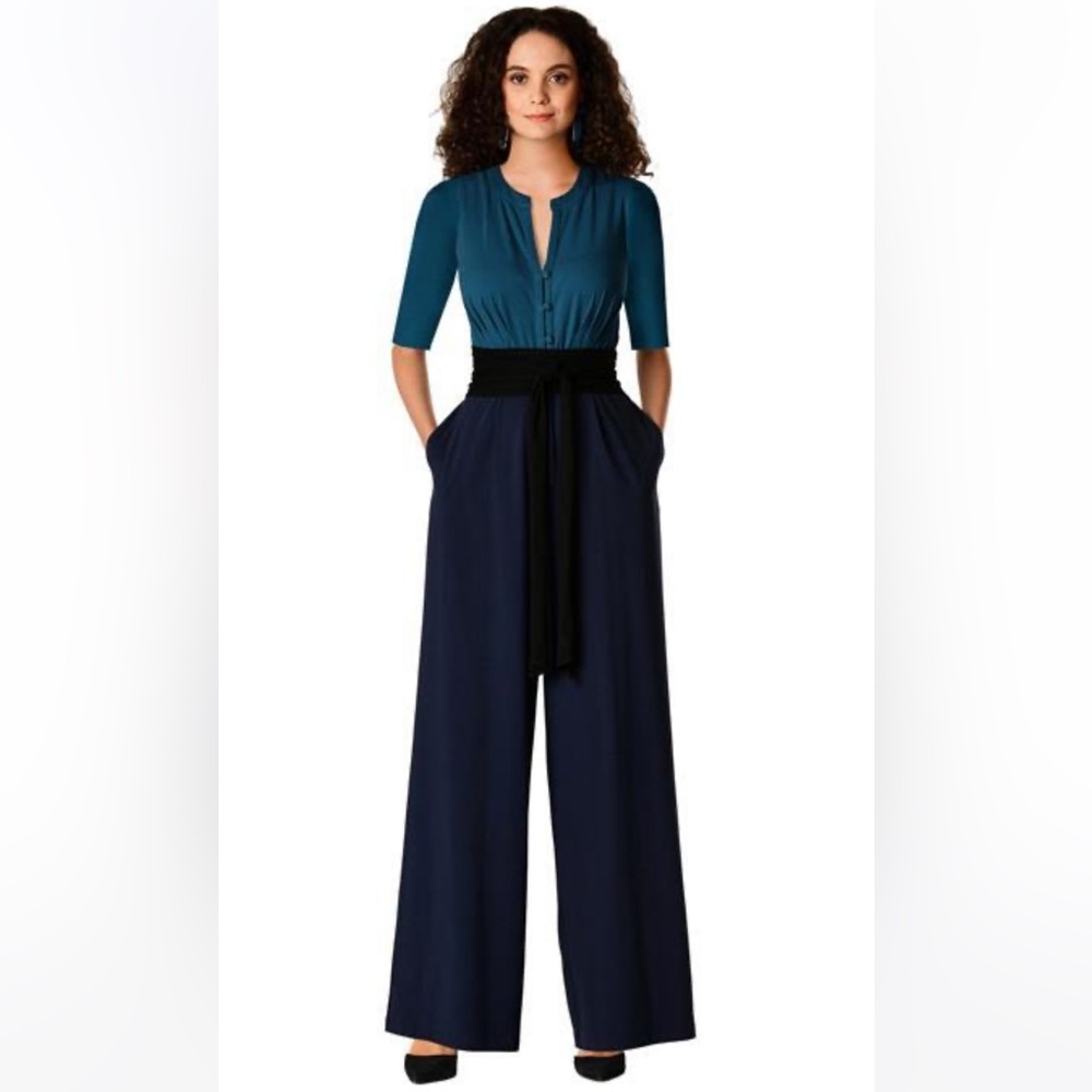 eShakti Cotton Knit Pleated Obi Belt Jumpsuit